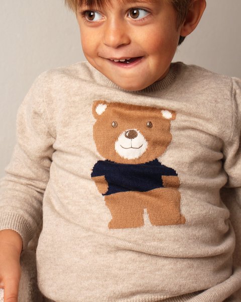 Maglione orsetto bambino e bambina in pura lana merino ultrafine