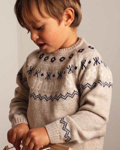 Maglione girocollo jacquard bambino e bambina in pura lana merino ultrafine