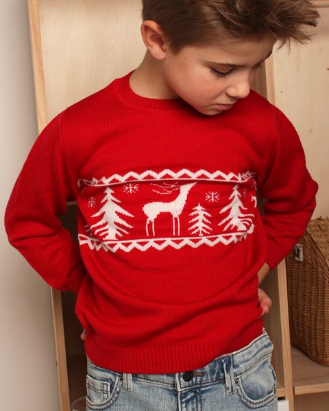 Maglione jacquard renna bambino e bambina in pura lana merino extrafine