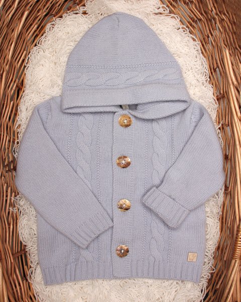 Giacchina neonato con cappuccio e trecce in pura lana vergine merino ultrafine
