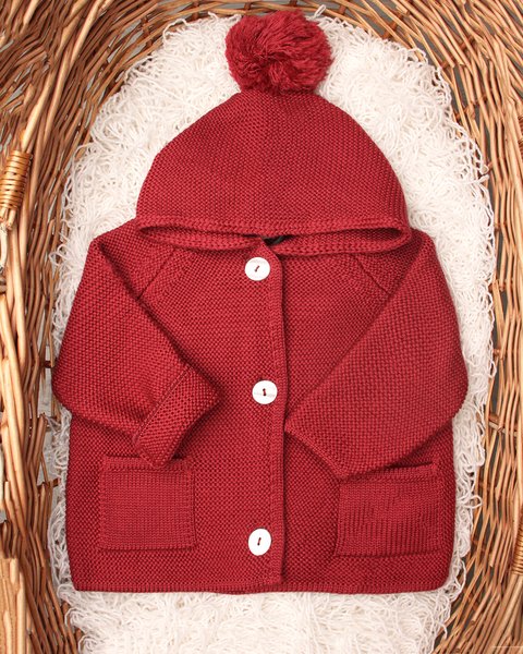 Giacca links  cappuccio pon pon in pura lana merino neonati