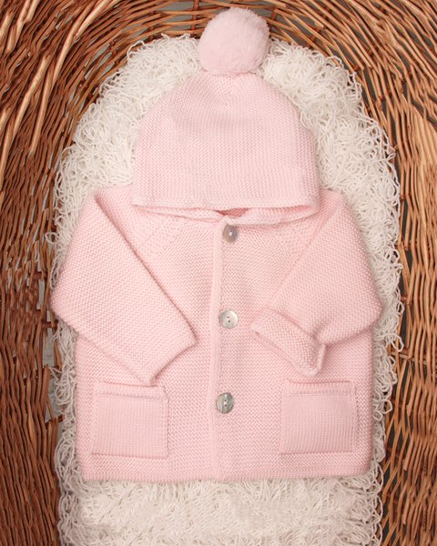 Giacca links  cappuccio pon pon in pura lana merino neonati