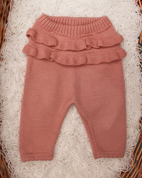 Pantaloni maglia volant neonata in pura lana merino