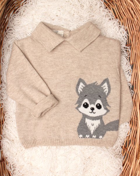Maglia neonato lupo in pura lana merino ultrafine