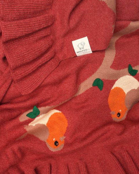 Coperta neonata culla  pettirosso in pura lana merino ultrafine