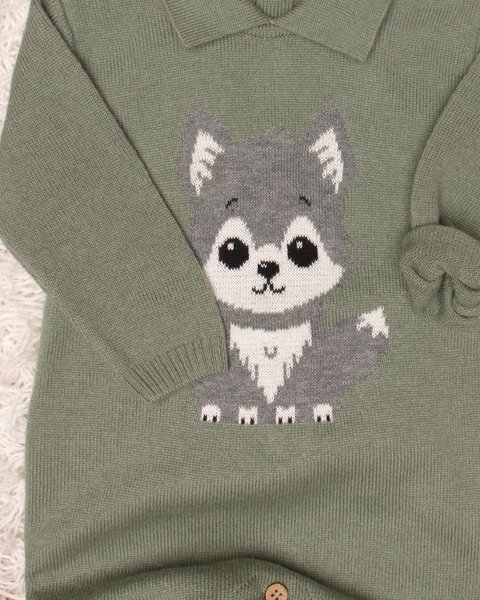 Tutina in maglia neonato lupo in pura lana merino ultrafine
