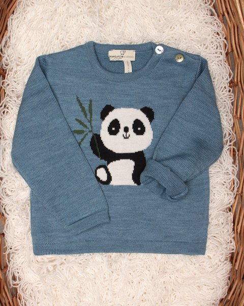 Girocollo aperto spalla panda in pura lana per neonati