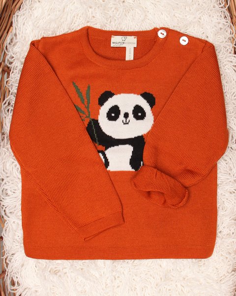 Girocollo aperto spalla panda in pura lana per neonati