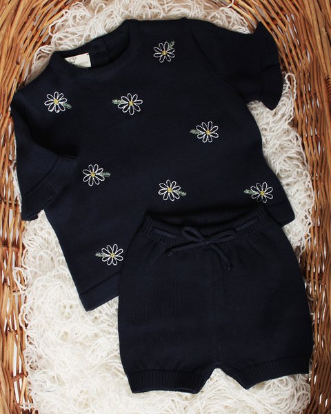 Completo corto margherite ricamo in puro cotone bio neonate
