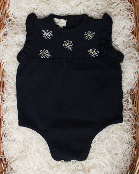 Tutina corta margherite ricamo in puro cotone bio neonata